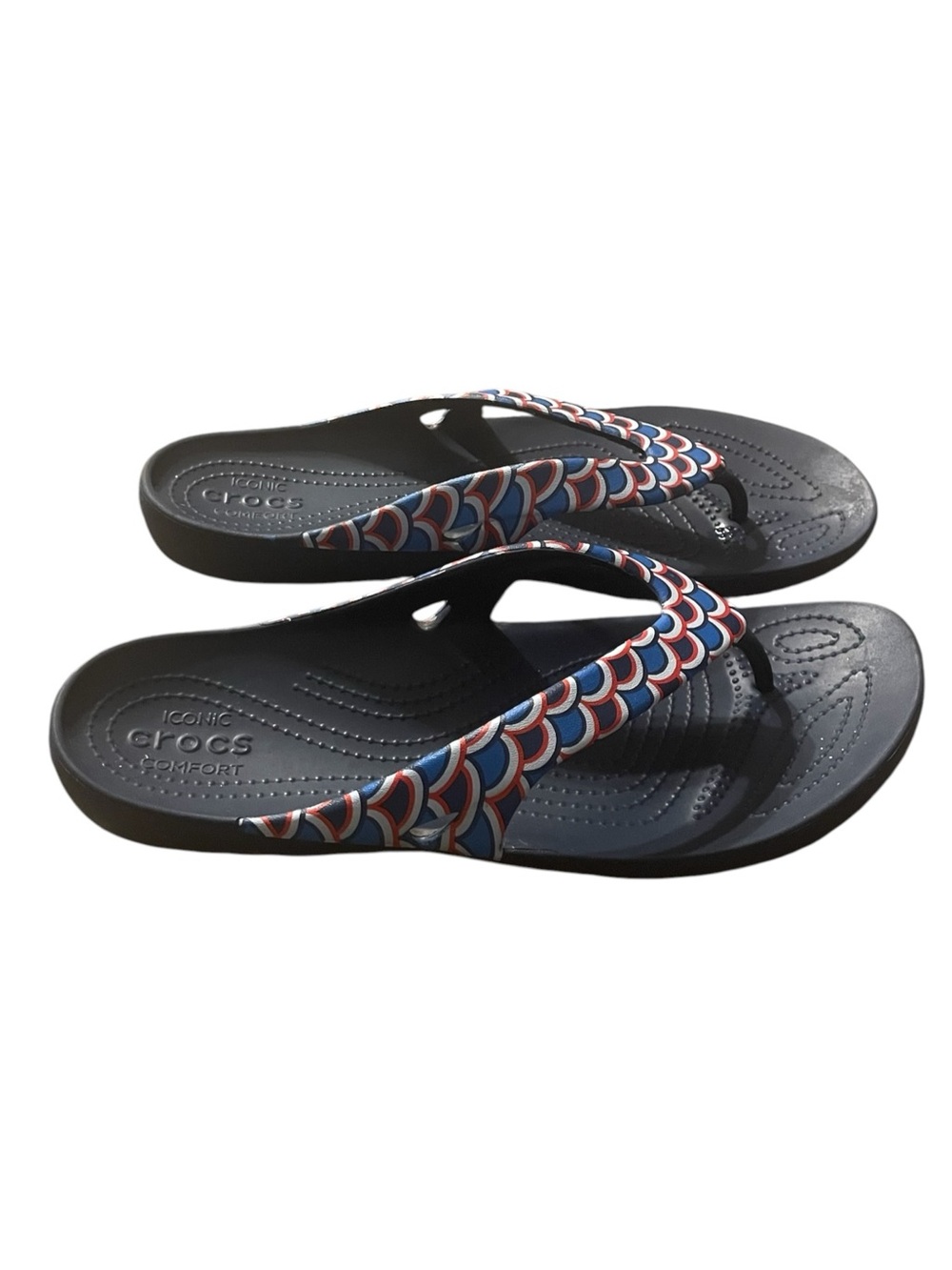 C15- CROCS Women’s 11 Navy Flip Flops with Red & Blue Scallop-Patterned Straps